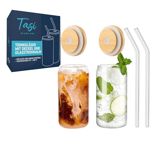 TaSi Trinkgläser mit Deckel und Glasstrohhalm – 480ml (2er Set) – Nachhaltige Glasbecher für Iced Coffee, Proteinshake, Matcha & Cocktails – Wiederverwendbar, umweltfreundlich, elegante Trinkgläser