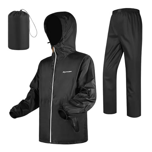 LAMA Regenanzug (Regenjacke + Regenhose) Damen Herren, Reflektierender Regenanzüge wasserdichte Kapuzenjacke, Atmungsaktive Regenjacke Regenhose, Raincoat Rainwear mit Kapuze Kapuzenjacke Schwarz L