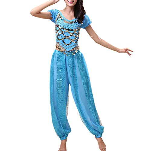 Oneyijun Damen Bauchtanz Kostüm Sets Tanz Tanzen Top Laterne Hosen Professionel Karneval Tänzer Outfit Suit