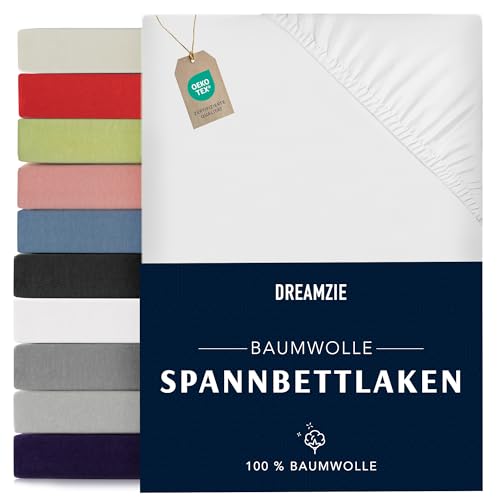 Dreamzie - Spannbettlaken 160x200cm - Baumwolle Oeko Tex Zertifiziert - Weiß - 100% Jersey Spannbetttuch 160x200
