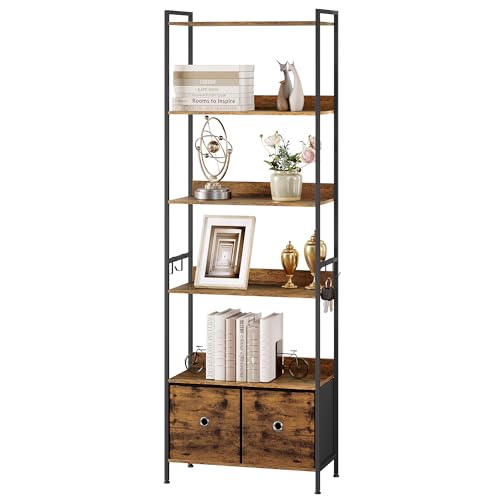 WOLTU Standregal, Bücherregal mit 5 Ablagen 2 Schubladen, stehendes Regal für Wohnzimmer Küche Arbeitszimmer Schlafzimmer, mit Metallrahmen, 63x187x30 cm, rustikales Braun + Schwarz, RGB62vbn