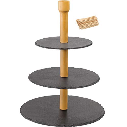 Westmark 3-stufige Naturschiefer-Etagère + 100 Mini-Fingerfood-Sticks, mit Kratzschutz, Maße: ø 28,5 x 40 cm, Schiefer/Kiefer, Tapas + Friends, Anthrazit/Hellbraun, 69682260