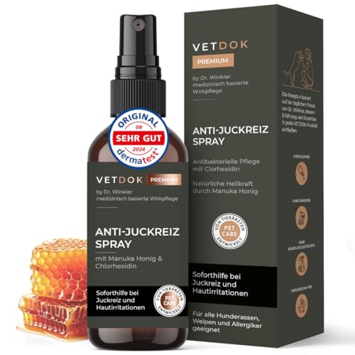 VetDok® by Dr. Winkler – Anti-Juckreiz Spray & Wundspray mit Manuka-Honig & Chlorhexidin – Für Hunde, Katzen, Pferde & Kleintiere – Bei Zeckenbissen, Wunden, Allergien & sensibler Haut 75ml