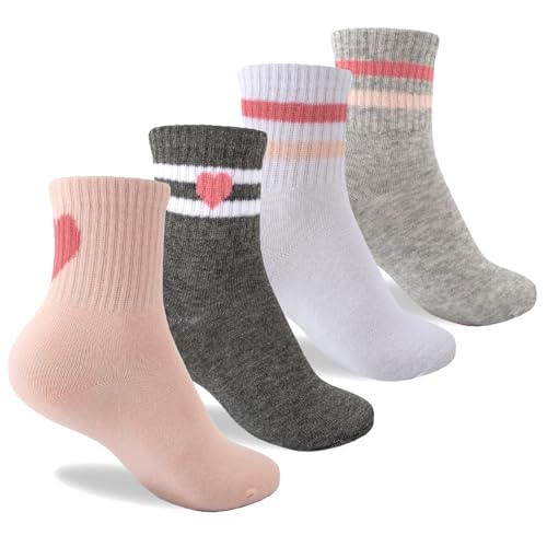 WEESTAAMO 4 Paar Sport-Crewsocken für Mädchen 3-12 Jahre | Baumwoll-Kindersocken mit Retro Streifen Herzen | Hochelastisch Sportsocken für Schule, Tennis & Alltag