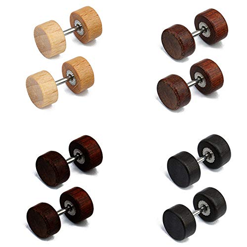4 Paare 8mm Edelstahl Rund Holz Stud Ohrstecker Set für Damen Herren, Ohrschmuck Titan Ohrringe Herren Holz Schwarz Fake Plug Tunnel Set, Ohrstecker Männer Holz, Ohrstecker Herren Holz