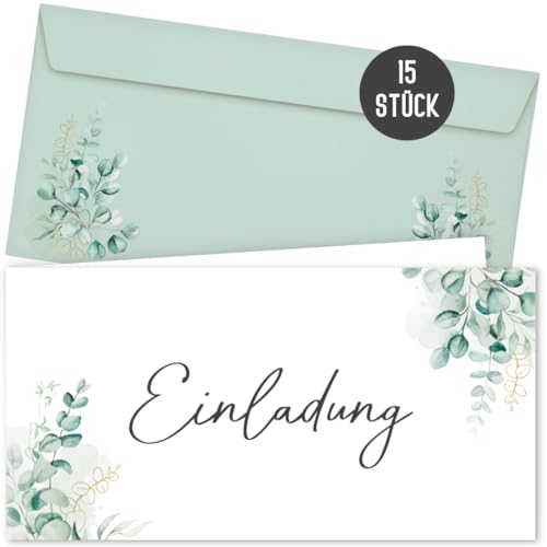 15 Einladungskarten inkl. Umschläge für Hochzeit, Standesamt, Geburtstag, Konfirmation, Kommunion, Jugendweihe, Taufe | Einladungen Karte | Klappkarte DIN lang (Eucalyptus 15 Stück)