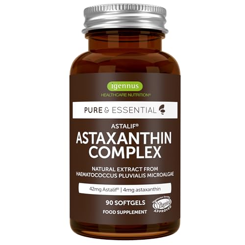 Astaxanthin Komplex, vegane & natürliche Antioxidantien, mit 4mg Astaxanthin aus 42mg Mikroalgen, 90 Weichkapseln, von Igennus