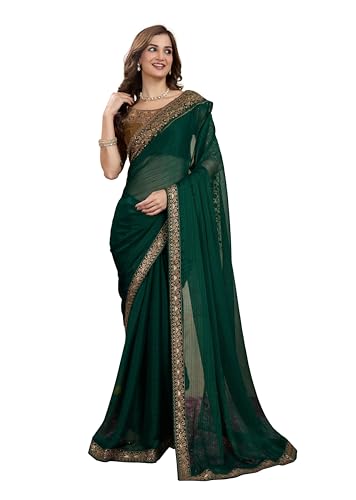 TRENDMALLS Damen Chiffon bestickte Bordüre Sari mit Blusenteil (K1105-Grün), Grün, Einheitsgröße