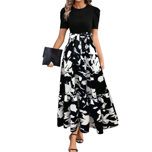 Sommerkleid Damen Lang A Linien Tunikakleid Hohe Taille Maxikleid Round-Ausschnitt Luftiges Partykleider Mit Taschen Langer Plissee Dress Freizeitkleid Elastischem Bund Schwarz-B XL