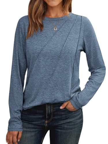 Cuptacc Langarmshirt Damen Rundhalsausschnitt Oberteile Mit Falten Lange Pullover Shirt Elegant Marineblau,Groß XXL 50