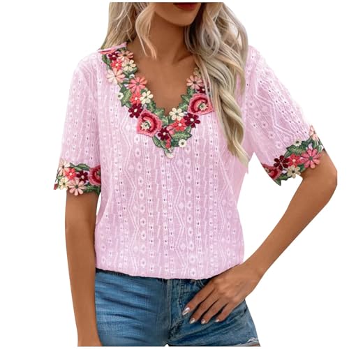 Dyhxuan Sommer T Shirt Damen V-Ausschnitt Kurzarm Tshirt mit Blumen Stickerei Einfarbig Oberteile mit Öse Stickerei Festliche Party T-Shirt Tops Aesthetic Bluse Elegant Blusenshirt Tee Shirt