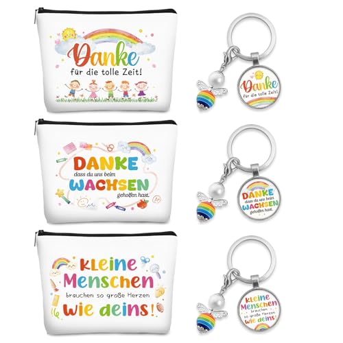 Erzieherin Geschenk Abschied, Dankeschön Geschenke für Erzieherin, 3 Stück Make-Up Taschen mit 3 Stück Schlüsselanhänger Danke, Abschiedsgeschenk Erzieherin Kindergarten Lehrer Lehrerin Tagesmutter