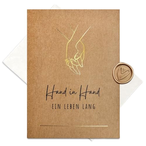 møij Karte zur Hochzeit aus Kraftkarton mit goldener Heißfolienprägung - Hand in Hand - Inkl. Briefumschlag und Wachssiegel