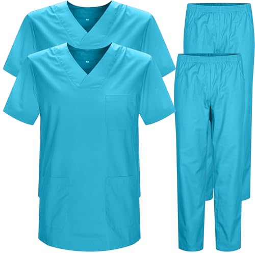 MISEMIYA Unisex Lot De 2 Uniformes Sanitaires Bz-2-817-8312 2 Stück – Kasack und Hose, Uni, Gesundheitsuniformen, Cyan, M (2er Pack)
