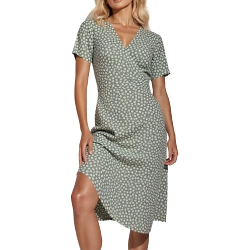 Sommerkleid Damen mit Blumenmuster, kurzärmelig, gewickelt, V-Ausschnitt, A-Linie, mittellang Weißes Kleid Eng Damen (Light Green, L)