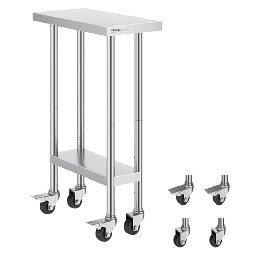 VEVOR Arbeitstisch aus Edelstahl, Zubereitungstisch Rollbar, 3 einstellbaren Höhenstufen, robuster Arbeitstisch zur Lebensmittelzubereitung für gewerbliche Küchen und Restaurants, 610 x 350 x 954,6 mm