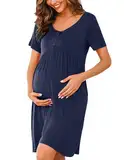 Ekouaer Nachthemd Damen Stillnachthemd mit Knopfleiste V Ausschnitt Geburtskleid Baumwolle Umstandsnachthemd Schlafanzug für Schwangere