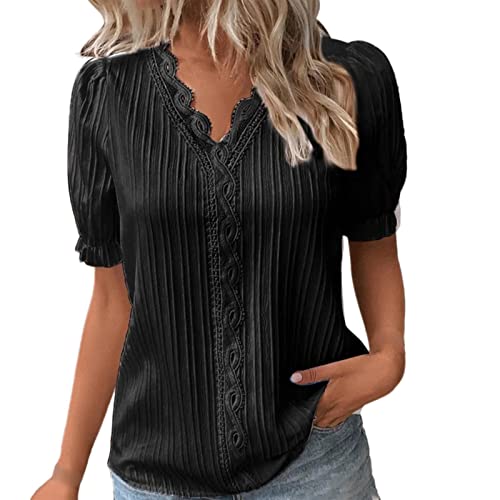 Outlet Angebote Tshirt V Ausschnitt Elegante Oberteile Spitzen Sommer Bluse Tops Für Frauen Kurzarm T-Shirts Lässige Basic Tops Tunika Oberteil Black Friday Angebote
