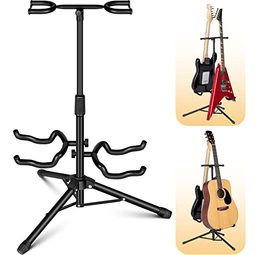 CAHAYA Gitarrenständer Boden für 2 Instrumente mit Halshalterung Verstellbarer klappbarer Universal-Stativ Gitarrenständer für Akustische E-Gitarre Bass Banjos CY0321