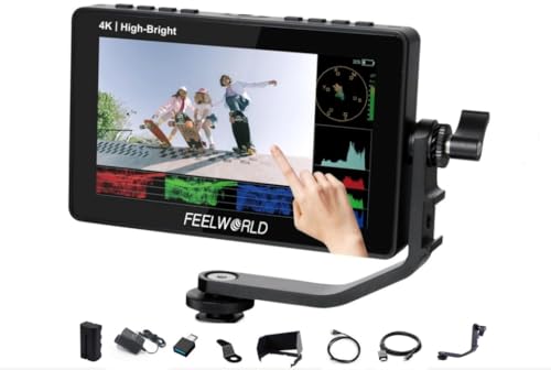 FEELWORLD F5 Prox 5.5 Inch Kamera Feldmonitor High Bright 1600 Nit 4K 1920x1080 DSLR HDMI Touch Screen Camera IPS FHD Video Assist 5V Type-C Input Include Tilt Arm (F5 Prox 5.5'' with Battery)