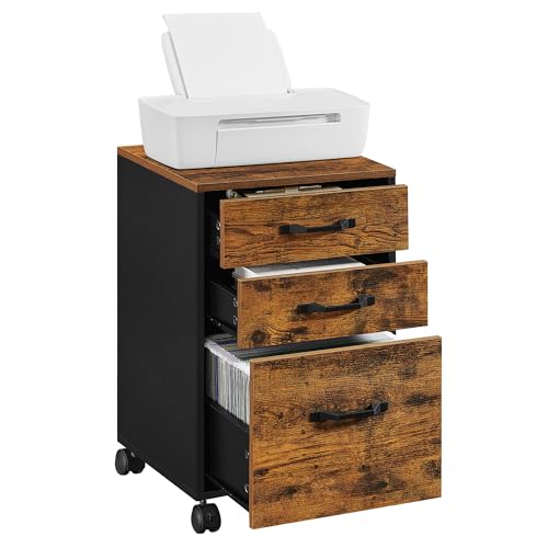 VASAGLE Industrieller Schrank mit 3 Schubladen und Rollen, Büromöbel, für A4-Dokumente, Hängeregistratur-Ordner, rustikales Braun und Tintenschwarz, UOFC065B01, 40 x 41 x 67 cm