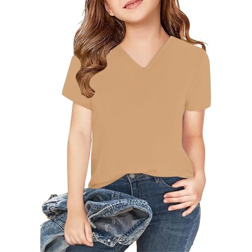 T-Shirt für Mädchen V-Ausschnitt Kurze Oberteile Einfarbig Kurzarmhemd Atmungsaktiv Croptop Freizeit Kurzarm Top Sommer Shirt Kinder Tshirt Beige 160