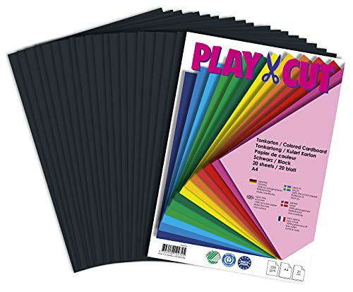 PLAY-CUT Tonkarton A4 Schwarz (220g/m2) | 20 Bogen Din A4 Bastelkarton Bunt | Dickes Bedruckbares Kartonpapier | Premium Druckerpapier Dicke Stärke | Karton zum Basteln