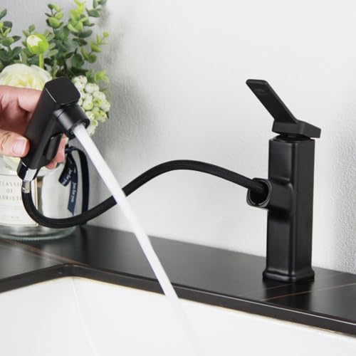 Wasserhahn Bad Schwarz, SEMANEY Waschtischarmatur mit Herausziehbarer Brause, Hochdruck Waschbecken Armaturen mit 3 Strahlarten, Einhebelmischer Mischbatterie Ausziehbar
