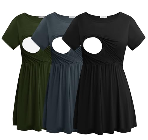 Smallshow Damen Stillshirts Umstandsmode Tops Schwangerschafts Stilltop 3er Pack,Army Green-Black-Dark Grey,XXL