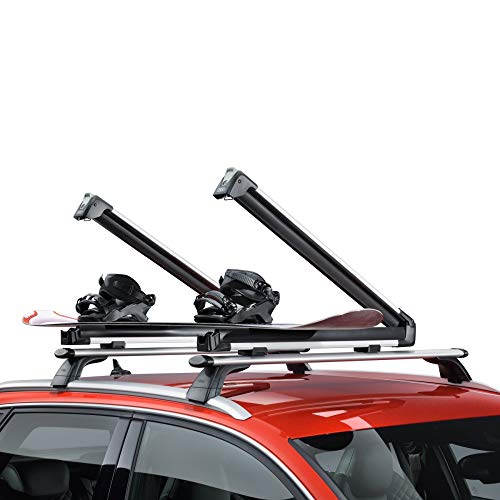 Audi 4M0071129 Skihalter Snowboardhalter Grundträger Dachgepäck T-Nut Tragstäbe, für bis zu 4 Paar Ski oder bis zu 2 Snowboards, ohne Ausziehfunktion, Silber