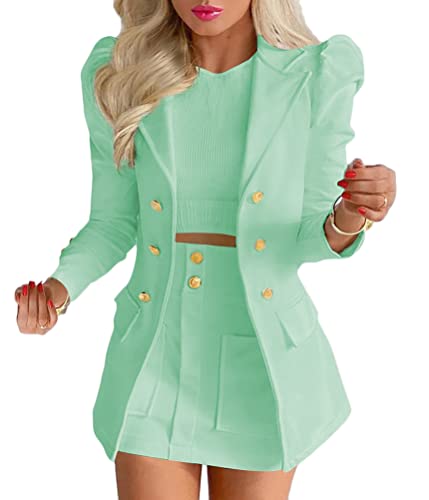 shownicer Damen Business 2-teiliger Anzug Rock Anzug Zweiteiler Elegant Einfarbig Anzug Set Puffärmel Blazer Anzugjacke und A-Linie Rock A Grün L