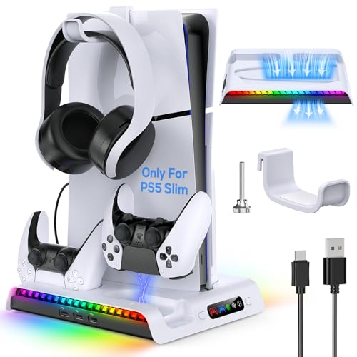 MENEEA Ladeständer für NEW PS5 Slim/PS5 Pro mit Lüfter, Station für DualSense/Edge Controller mit RGB Licht, Headset Hook.3 USB Hubs, Kühler für Playstation 5 Slim Disc& Digital Edition Konsole 2023
