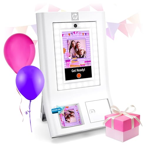 HP Sprocket Photobooth Sofortbilddrucker 3x4” (Weiß) – Über 250+ Rahmen, Drucken auf Zink-Papier, Wi-Fi, LED-Ringlicht, Touchscreen & App.