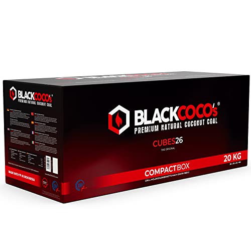BLACKCOCO’s - 20 KG Premium Shisha Kohle Naturkohle Kokosnuss und BBQ - Hochwertige Kokos Coal Briketts für Wasserpfeife & Grill - Shisha Würfel Kohlen & Grillkohle mit Langer Brenndauer