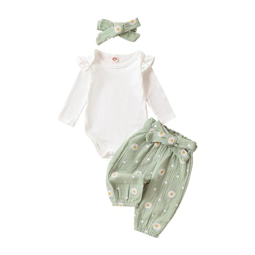Geagodelia Baby Mädchen Kleidung Babykleidung Outfit Set Langarm Body Strampler + Gänseblümchen Hose + Stirnband Neugeborene Weiche Babyset (Grün, 0-3 Monate)