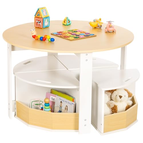 Yorbay Kindertisch mit 4 Stauraumhocker, Kindersitzgruppe, Kindermöbel Set aus Holz, Sitzgruppe für Kinder, Maltisch für Kinderzimmer, Spielzimmer, Vorschüler, Kindertischstuhl (Natur)