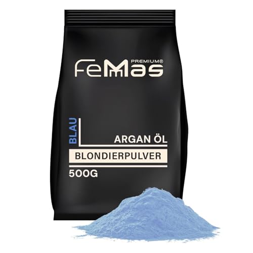 FemMas Blondierpulver blau 500 g I Blondierungspulver staubfrei, mit pflegendem Arganöl I Für gleichmäßige Blondierung & Strähnen-Techniken I Hair Bleach für Aufhellungen bis zu 7 Nuancen