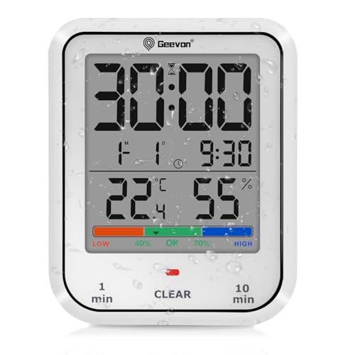 Geevon Badezimmer Uhr klein mit LED Zeitdisplay, große lesbare Digitale, Wandmontage oder Standplatz, IP24 wasserdicht, Hygrometer, Temperaturanzeige, Duschuhr, Bad Küche (Weiß)
