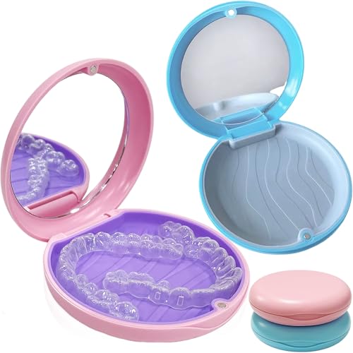 Zahnspangendose,2 Stück Zahnprothesen Box Mit Spiegel Spangendose Dose Tragbarer Zahnschiene Box Dentalbehälter für Die Aufbewahrung Von Zahnspangen und Zahnersatz（Blau und Pink）