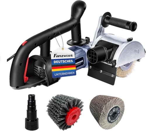 FANZWORK V2 1500 Watt Satiniermaschine zur Renovierung von Oberflächen aller Art, mit Staubsaugung-Anschluss, Drehzahlregelung, Kugelgriff, Messing & Nylon & Schleifpapier Bürste