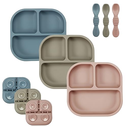 PandaEar 3 Stück Rutschfest Baby teller mit Saugnäpf und 3 Baby Löffel, Unterteilt Kinderteller Set, Silikonteller Baby Saugnapf, Geteilte Esslernteller, BPA-frei