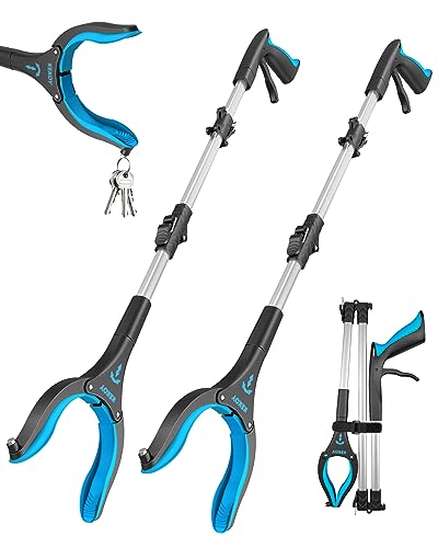 Kekoy Greifzange für Senioren 81cm Aluminium Müllzange, Faltbare Greifer für Senioren, Drehbar Müllgreifer, Extra Langer Greifarm, Greifhilfe für Menschen mit Magnetspitzen(2 Stück Himmelblau)