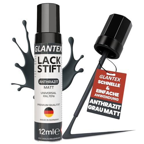 GLANTEX Lackstift Anthrazit Matt [12ml] – RAL 7016 Grau Matt – Hohe Deckkraft gegen Kratzer & Steinschläge – für Auto, Terrassendächer, Möbel, Metall u.v.m.