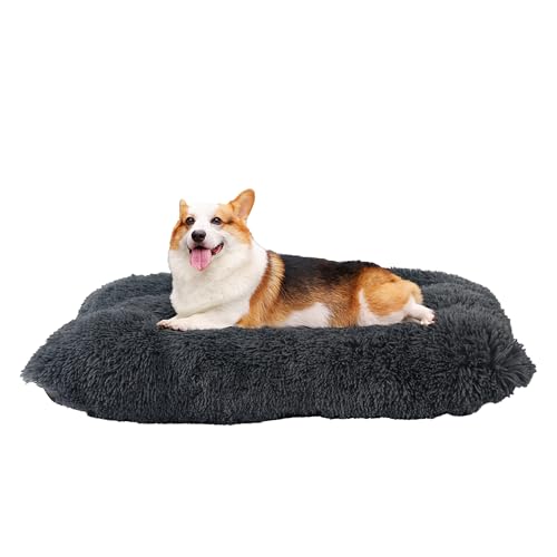HMTOPE Hundebett, Flauschige Hundematten, Länger Plüsch Hundekissen, Waschbar, rutschfeste Unterseite, 90 cm für Mittelgroße Hunde, Dunkelgrau