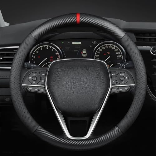 Carodi Carbon Fiber Leder Auto Lenkrad Abdeckung, Komfortabel und Anti-Rutsch, Universal 15 Zoll (Schwarz)