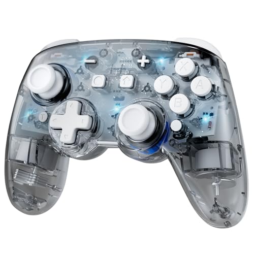 Hall Effect Switch Controller Wireless, Pro Controller Kabellos Kompatibel mit Switch 2/OLED/Lite, Bluetooth Kontroller Gamepad mit 7 LED Farben/Makro/Bewegungsaufnehmer/Turbo - Transparent Grau