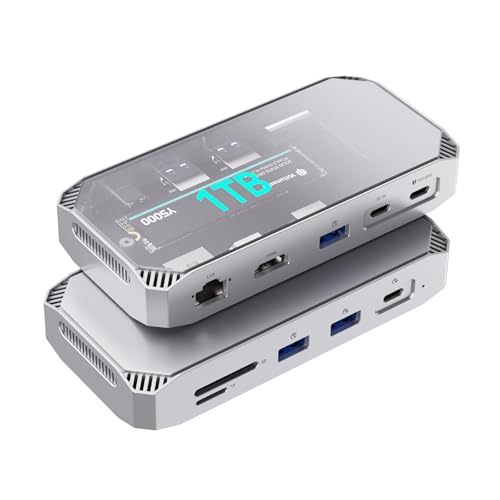 Yottamaster MJ10 1TB Externe SSD mit 10 Ports Erweiterung, USB C Hub mit 1TB M.2 NVMe SSD, bis zu 1000 MB/s, USB C HUB Adapter 10Gbps unterstützt 4K@60Hz HDMI, 100W PD, SD/TF Kartenleser, Ethernet