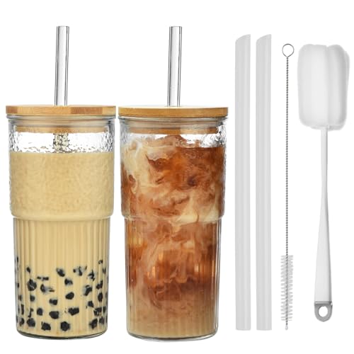 VITEVER 2 Stück Bubble Tea Becher 600ml Transparente Gestreifte Glas mit Deckel, Eiskaffee Gläser, Geriffelte Gläser, Longdrinkglas Set, Glasbecher Trinkglas, Smoothie-Becher