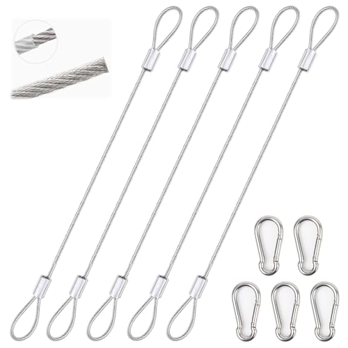 5 Stück Drahtseil, Stahlseil mit Ösen, silber mit Ringen und Haken 50 cm x 2mm Drahtseil, Sicherheitskabel für Fahrräder, Motorräder, Türschlösser, Kofferschlösser, etc