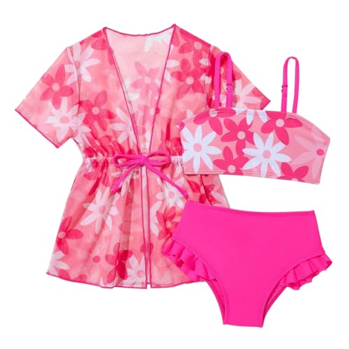 Generisch Süße Bikini Set mit Rüschen Kleinkind 3 Teiliges Schnelltrocknender Badeanzug mit Langarm Schwimmanzug Unterteile Unterhemd für Baby Sommer Strand Pool Badeanzüge (B-Hot Pink, 9-12 Months)